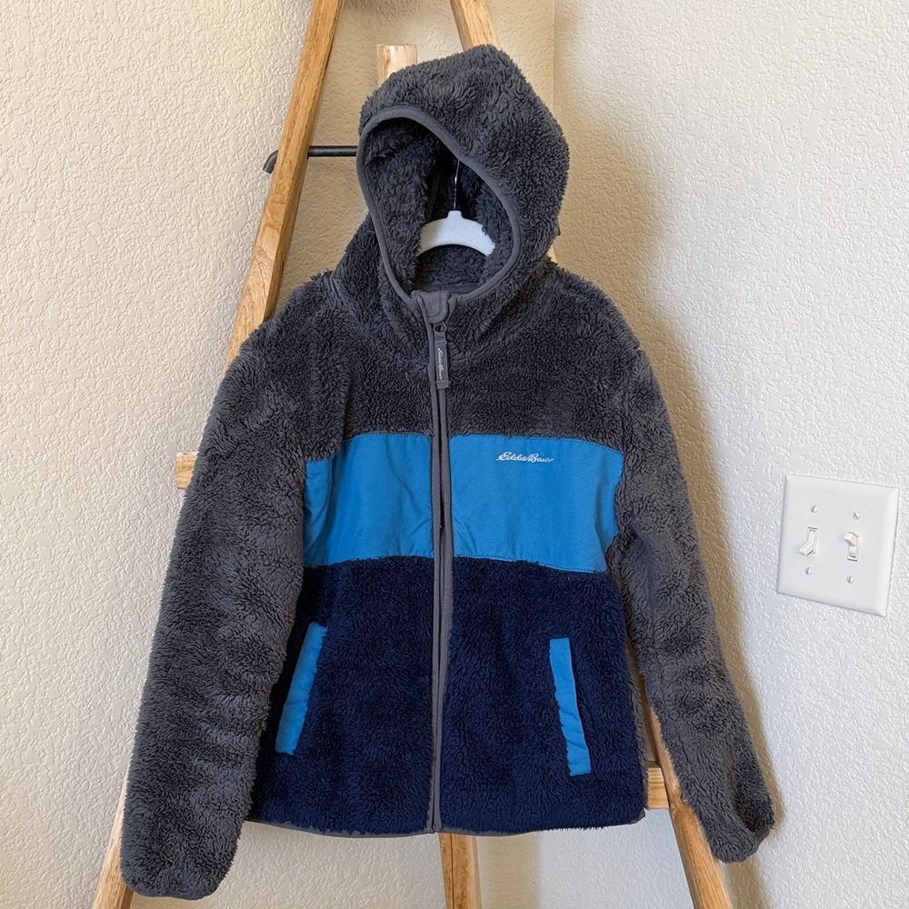 Eddie Bauer Boy’s Gray and Blue Full Zip Hooded Fleece Jacket